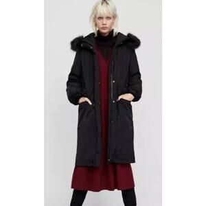 NEW ZARA LONG DOWN BLACK WINTER FAUX FUR HOODED LONG COAT JACKET S NWT!